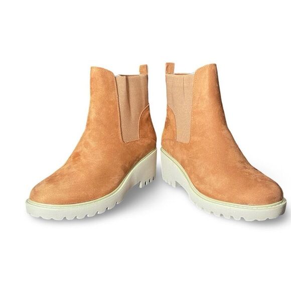 JULIET HOLY Lug Sole Platform Ankle Chelsea Slip on Boots, Dark Cognac, Size 11 - Picture 7 of 9